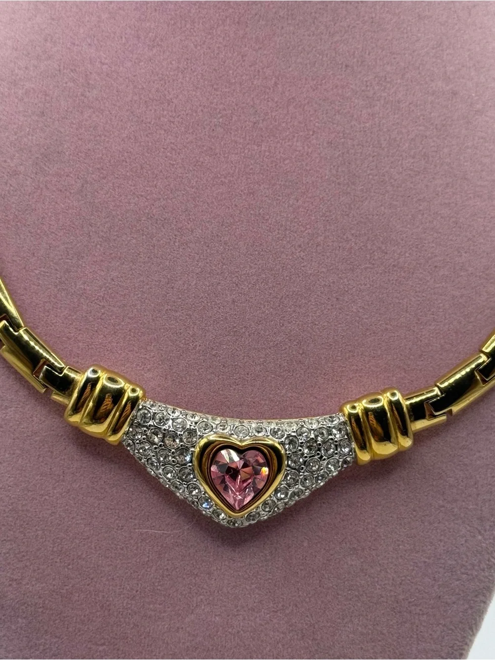 Vintage Nolan Miller Gold-Tone Necklace with pave Pink Heart Crystal Accent